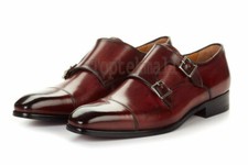 Handmade Men's Leather Two Tone Maroon Toe Cap Double Monk Straps New Shoes-755