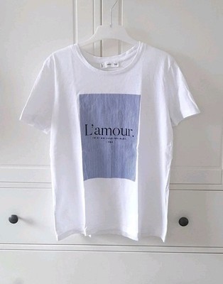 T-Shirt Mango Weiß mit Print Blau L'amour Rundhals Kurzarm Damen Größe XS