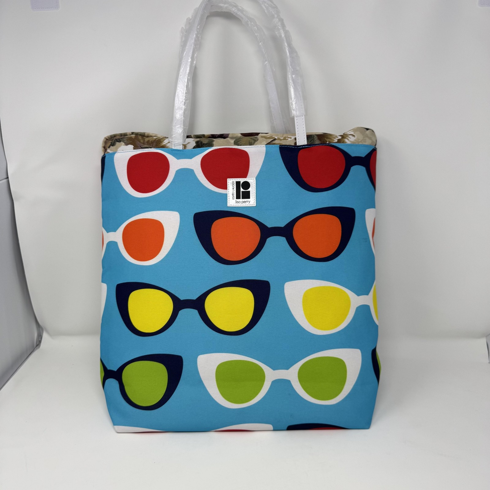 Estee Lauder Lisa Perry Tote Bag Blue Sunglasses Print Large Red Lining w/ Pouch