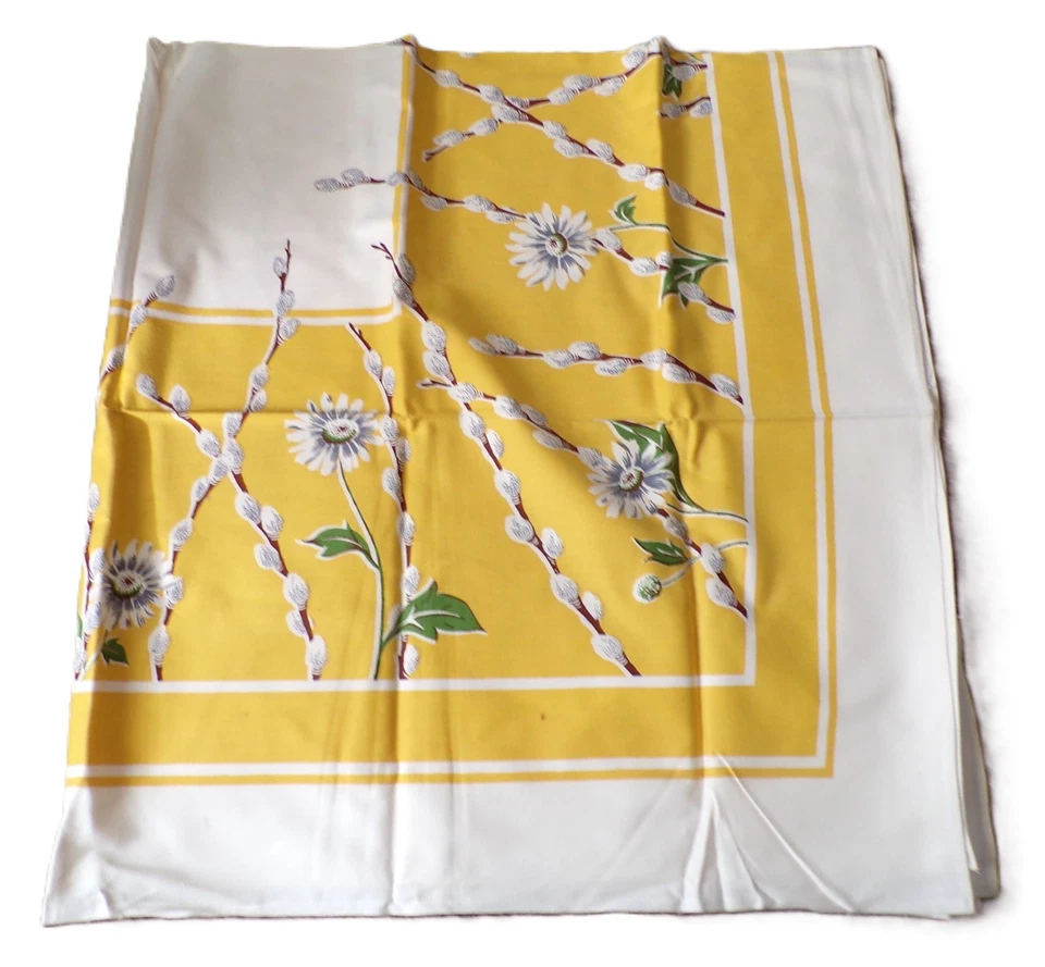Tablecloth, 48" x 52", almost square, yellow, white, green, pussy willows, stain - Image 2 of 2