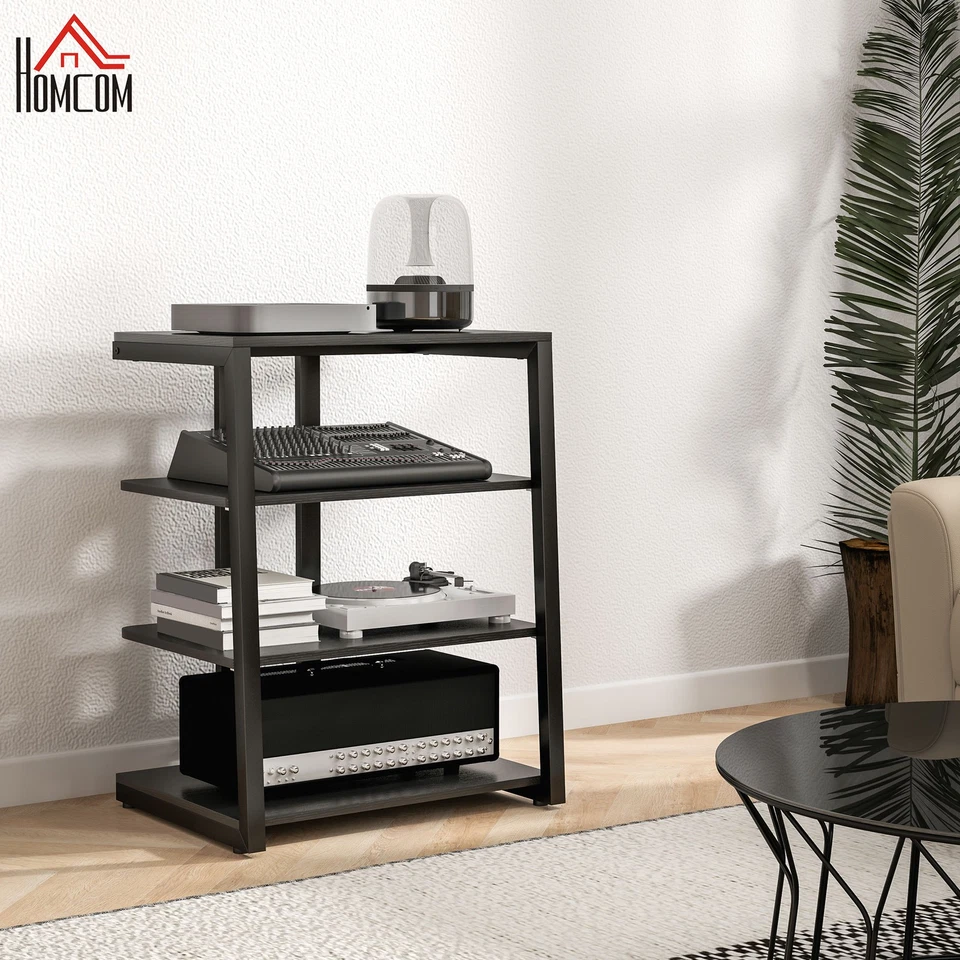 HOMCOM HiFi Rack Stand w/ Power Strip Rack 4-Tier Record Player Stand Black - Image 2 of 4