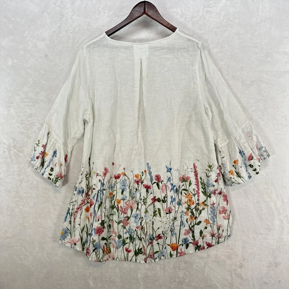 John Mark Shirt Womens XL White Linen Floral Border Print Tunic 3/4 Sleeve Boho - Image 3 of 4