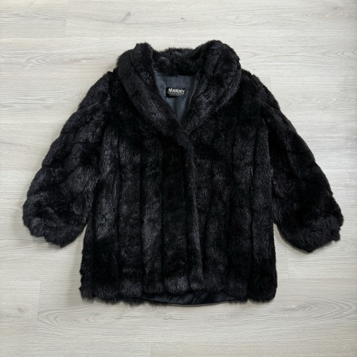 Vintage 80s 90s Monterey Fashions USA Black Faux Fur Coat Jacket