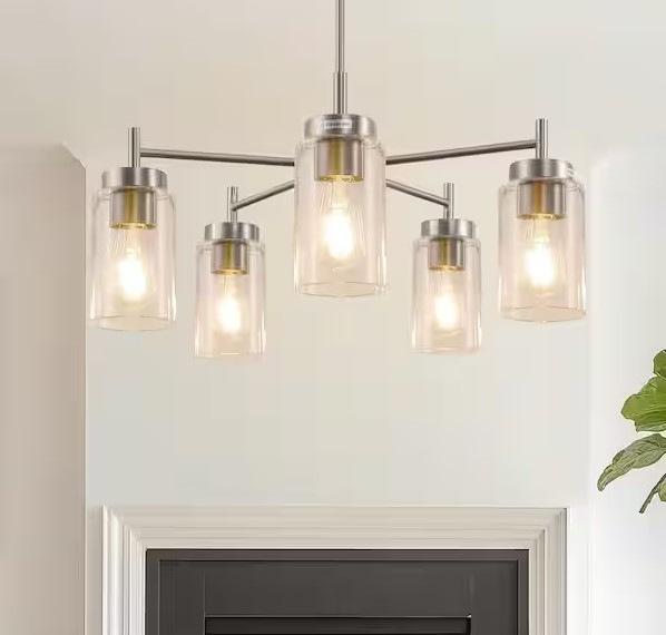 YANSUN 5-Light Brushed Nickel Pendant Light with Clear Glass Shades