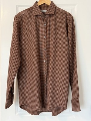 Canali Orange Houndstooth Wool Blend Regular Fit Sport Shirt Sz XL  $365