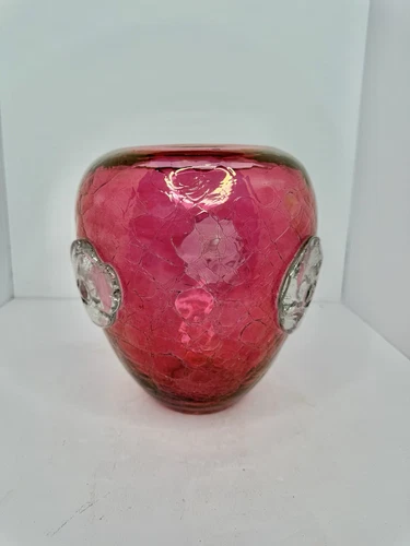 Vintage MCM Blenko Glass For Rainbow Wild Rose Vase Cranberry W/applied Roses
