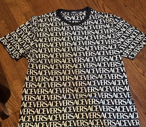 Versace, Versace White & Black Logo Print Short Sleeve T-Shirt US L , PTP 21”,46