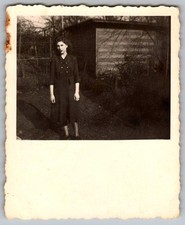 Vtg B&W Snapshot Woman In Dress By Shed 1940s