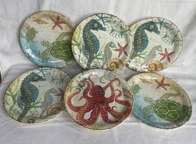 Pier 1 Melamine Sea Life Plates Seahorse Sea Turtle Starfish Octopus Set of 6