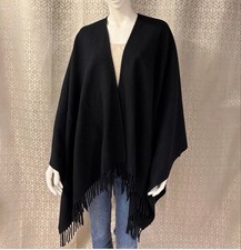 Talbots 100 Lambswool Cape Shawl Wrap Black Fringe Edge One Size Made in Italy