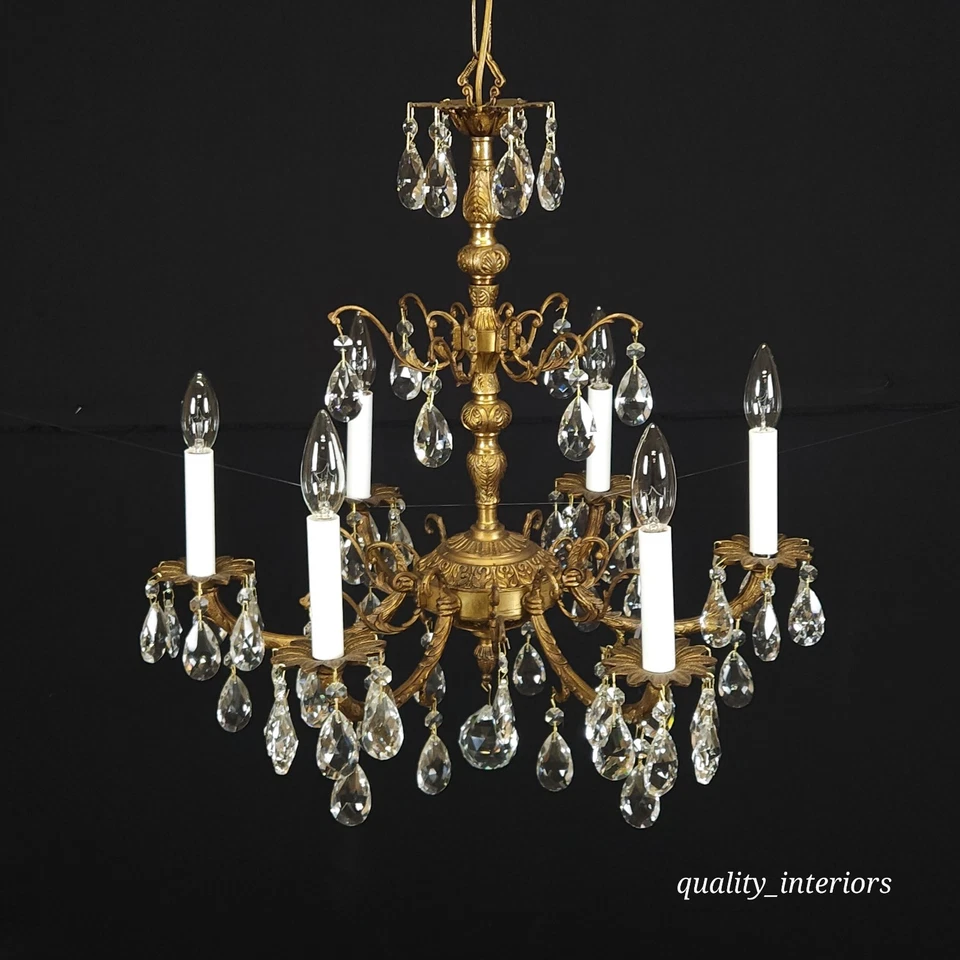 Candelabro antigo francês latão pátina escura 6 luzes corte cintilante cristal chumbo - Imagem 2 de 4