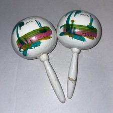 Wooden Hand-Painted White Maracas Pair 2pc Analog Percussion Shakers From Mexico