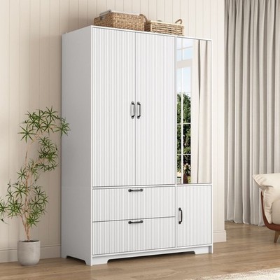 LED Wardrobe Armoire Storage Cabinet+2 Doors, 2 Drawers Adjustable Shelf Mirror