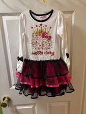 Hello Kitty Girl's Size 5 White Pink Black Bow Tiered Long Sleeve Tutu Dress