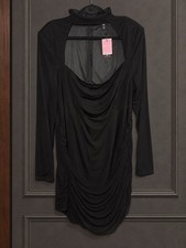 PrettyLittleThing Plus Black Draped Bodycon Dress US 20 Long Sleeve NWT Gothic