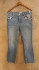 ZARA Women US 12 Light Wash Mid Rise Straight Jeans Raw Hem Distressed