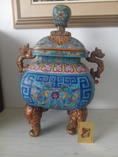 Huge Antique Chinese Cloisonne Censer And Cover...Feet Need Restoration