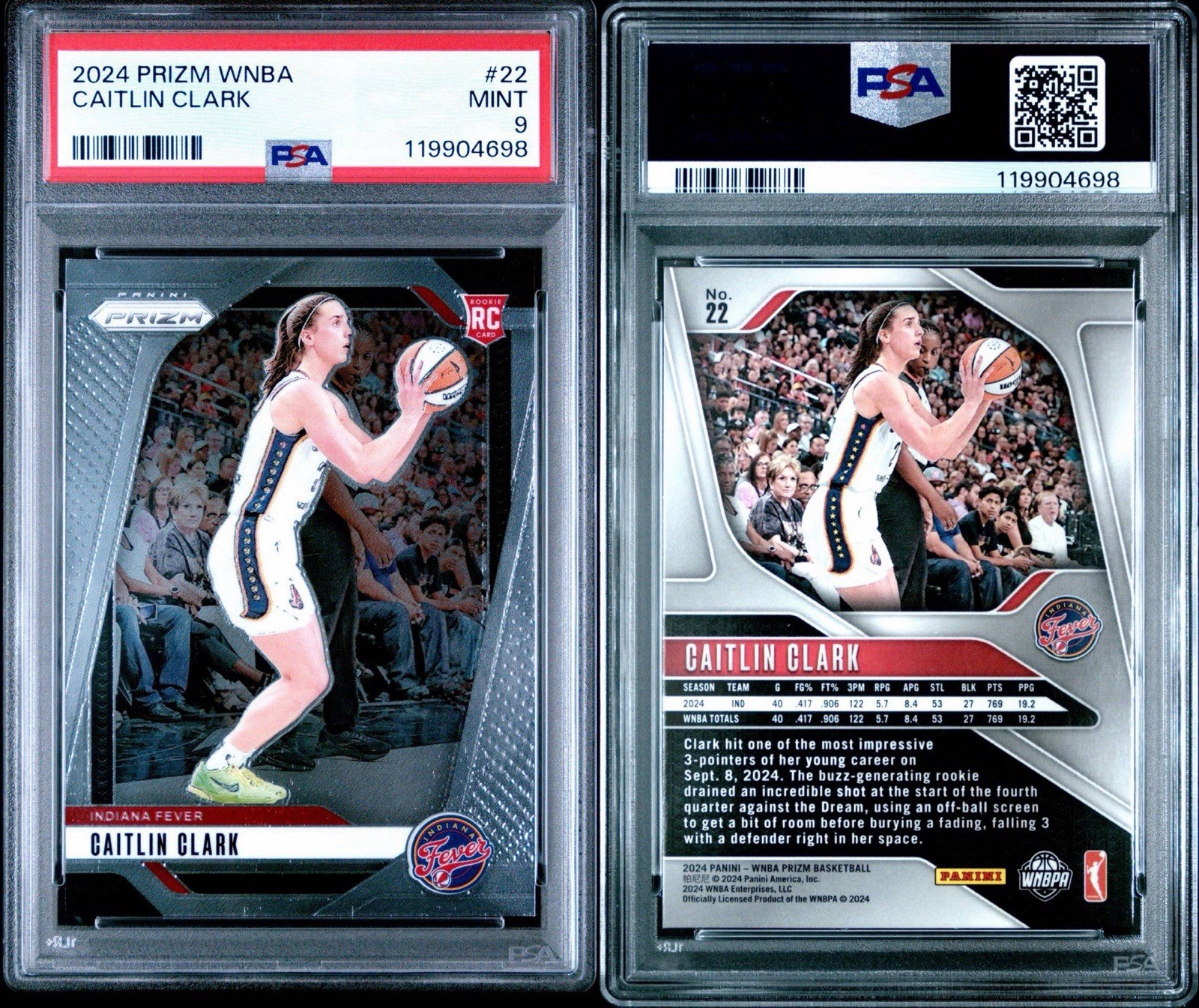 2024 Panini Prizm WNBA #22 Caitlin Clark RC Rookie Indiana Fever PSA 9 MINT view 3