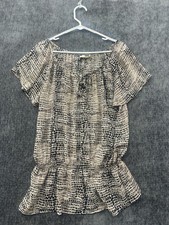 Calvin Klein Blouse Top Women L Brown Black Animal Print Flutter Sleeve Drop Hem