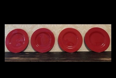 Oxford Trend Colors Red Porcelain SALAD Plates Set of 4 Solid Round Shiny