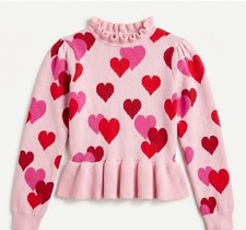 Janie And Jack Sweater Girls 7 Pink Heart Ruffle Neck Peplum Knit Pullover Top