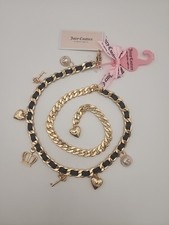 NWT Juicy Couture Charm Chain Belt Sz S/M Faux Black Leather Gold Tone Chain