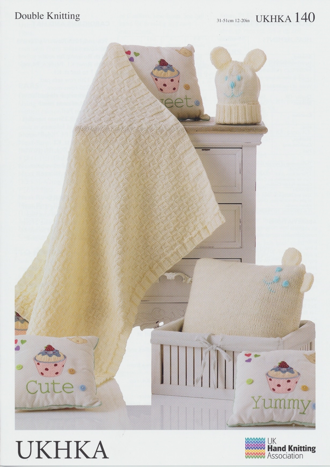 Baby DK Blanket Hat & Cushion With Teddy Ears  Double Knitting Pattern UKHKA 140