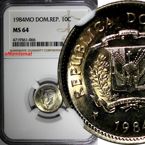 DOMINICAN REPUBLIC 1984 MO 10 Centavos NGC MS64 Juan Pablo Duarte KM# 60 (066)