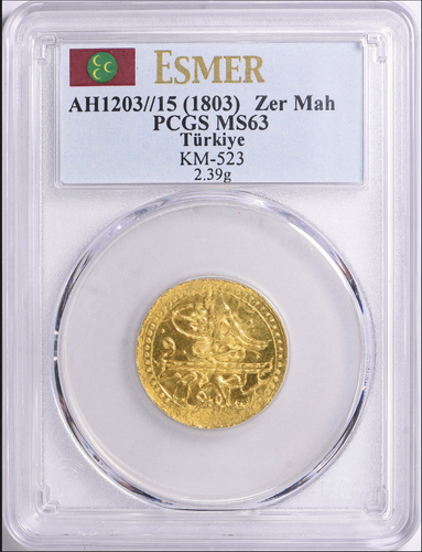 Turkey AH 1203 Year 15 (1803) Gold Zeri Mahbub KM-523 PCGS MS-63 - Picture 1 of 2