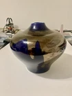 Large 1986 Haeger Deep Blue Vase 4415 w/Metallic Light Brown Drip Glaze