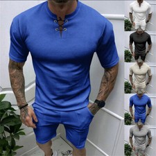 Mens Sweatsuits 2 Piece Short Sleeve Laceup T-Shirt Tracksuit Sets Shorts Suits