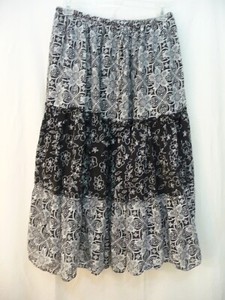 JANE ASHLEY i   Women's Boho SKIRT 3-tier 100% Cotton black & white Size PM
