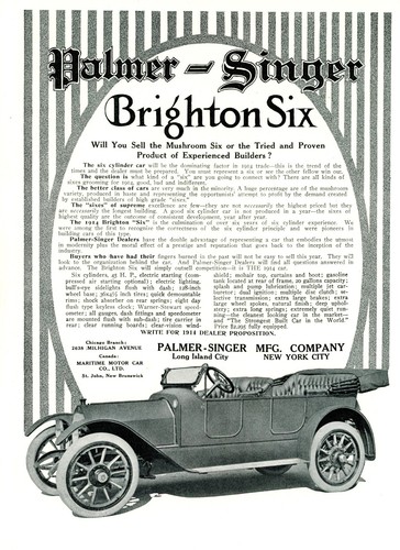 1913 Original Palmer-Singer Brighton Six Ad. Specs. Long Island City NY City