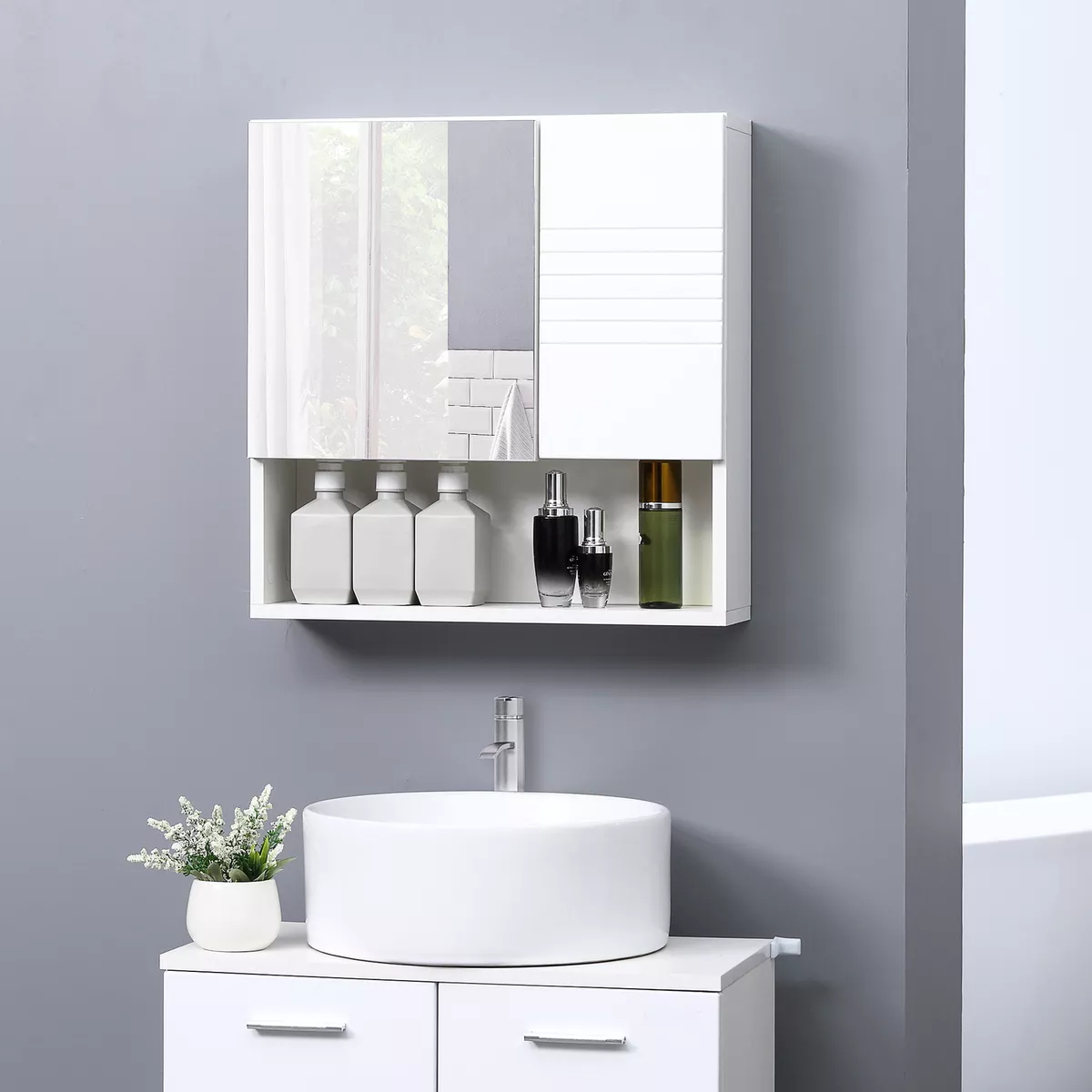 HOMCOM Over-The-Sink Bathroom Storage Organizer Cabinet with Mirrored Door and Multiple Shelves, White