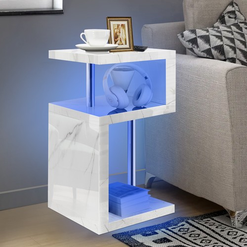 Mesa de centro lateral de alto brillo de 2 niveles mesa de cabecera con luz LED sala de estar - Imagen 23 de 43