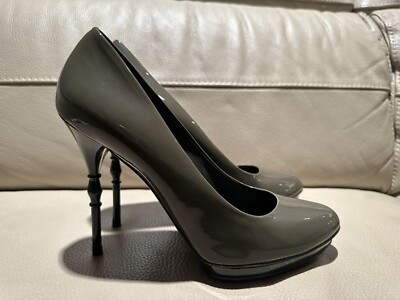 Authentic Gucci Bamboo Accent Patent Leather Pumps Heel Shoes Olive Green 39