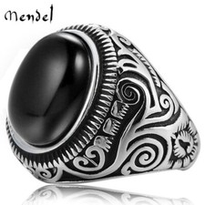 MENDEL Stainless Steel Mens Oval Black Onyx Ring Size 7 8 9 10 11 12 13 14 15