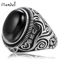 MENDEL Stainless Steel Mens Oval Black Onyx Ring Size 7 8 9 10 11 12 13 14 15