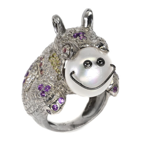 Handmade Pearl 13mm Amethyst Gemstone 925 Silver Hippo Big Jewelry Ring 8.5 - Picture 1 of 13