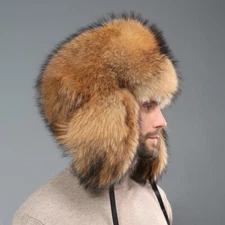 Western Mens Real Fox Raccoon Fur Fluffy Warm Trapper Hat Russian Ushanka Winter