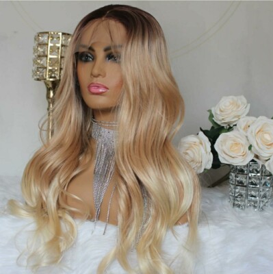Brown Blonde Ombre Wig HD Front Lace Human Hair Blend Highlights  Wavy Curly