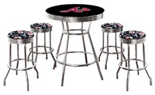 MLB 5PC Set Black Chrome Bar Table Team Logo Decal Fabric Seats Glass Top Option