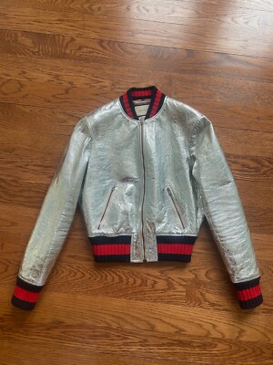 GUCCI - Metallic Crinkled Leather Bomber Jacket - Size 40 - RESORT