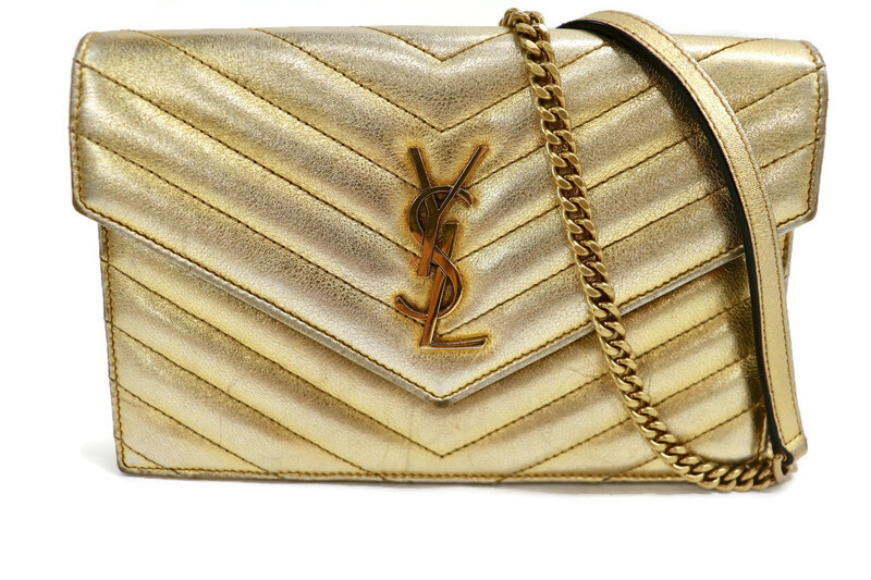 SAINT LAURENT Borsa a tracolla portafoglio in oro monogramma Metalasse