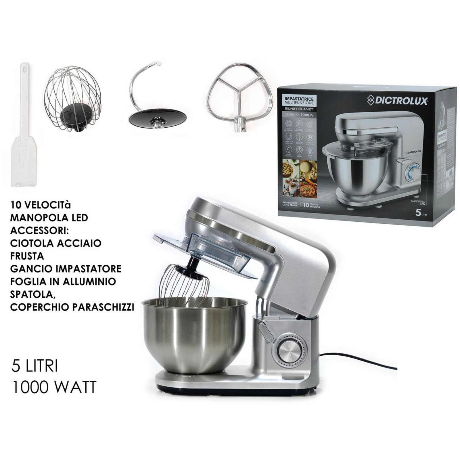 Impastatrice Planetaria 1000W 5 LT Robot Cucina Acciaio Inox Professionale