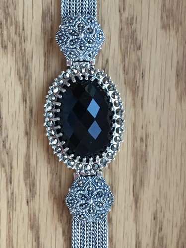 CABLE CHAIN BLACK ONYX STERLING SILVER SIGNED VINTAGE ARTISAN DESIGN 35g - Picture 5 of 12