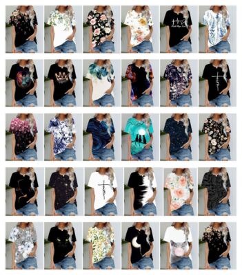 Blouse Women's Black Flower T Shirt Fashion Soft Short Sleeve T-Shirt Casual Tee