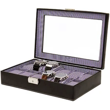 12 Watch Box Black Leather Pinstriped Case 