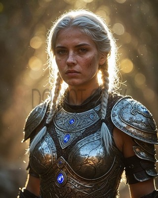 Viking Warrior Woman Silver Braids Blue Gem Armor Fantasy Art Print