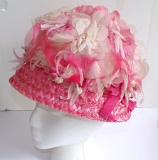 Vintage Large Pink  White Flowers with Pink Straw Brim Cloche Hat